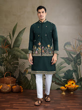 Dark Green Jodhpuri Designer Kurta Set With Multi Coloured Thread Embroidery Work Jacket
